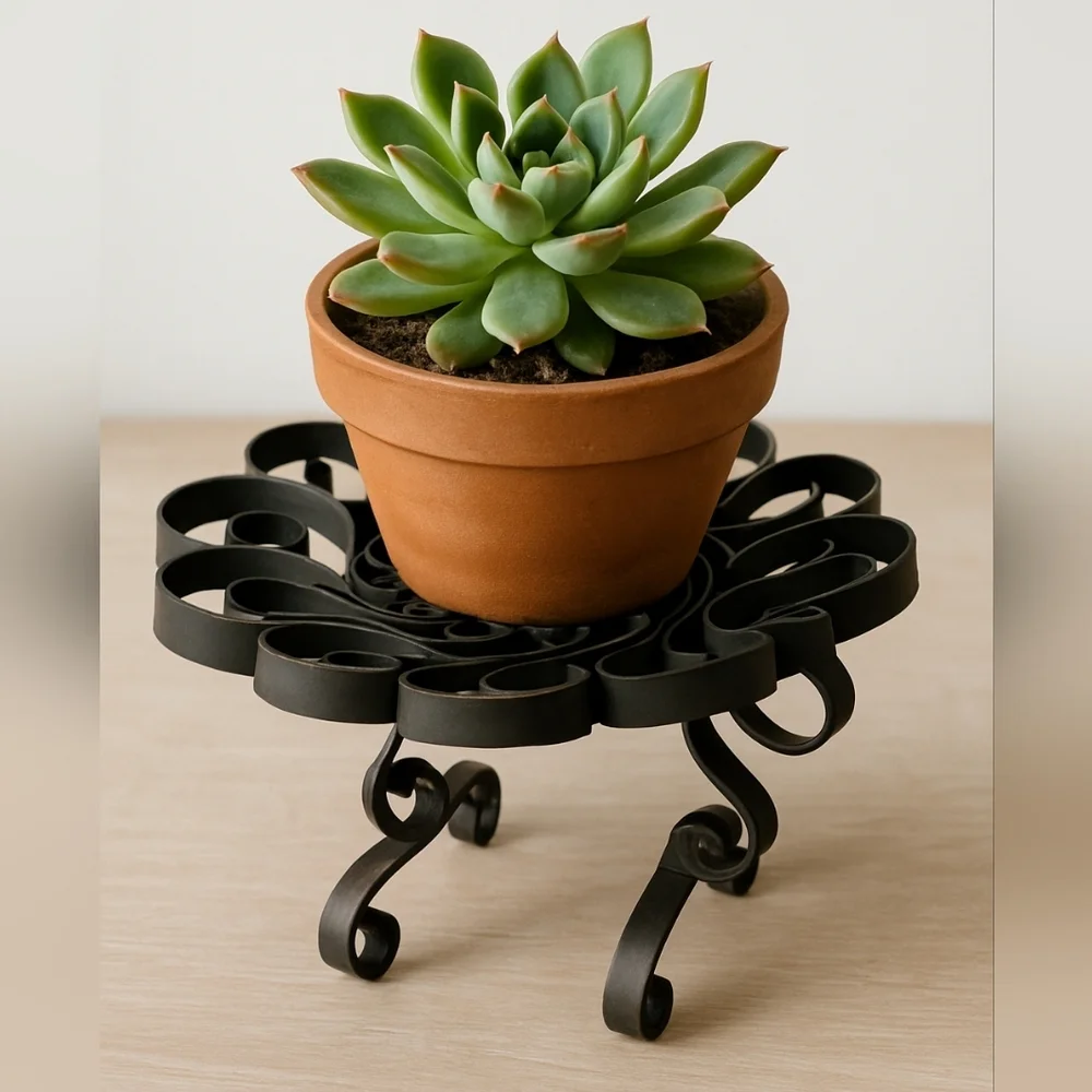 Vintage Spanish Revival Wrought Iron Scroll Candle Holder Plant Riser Black